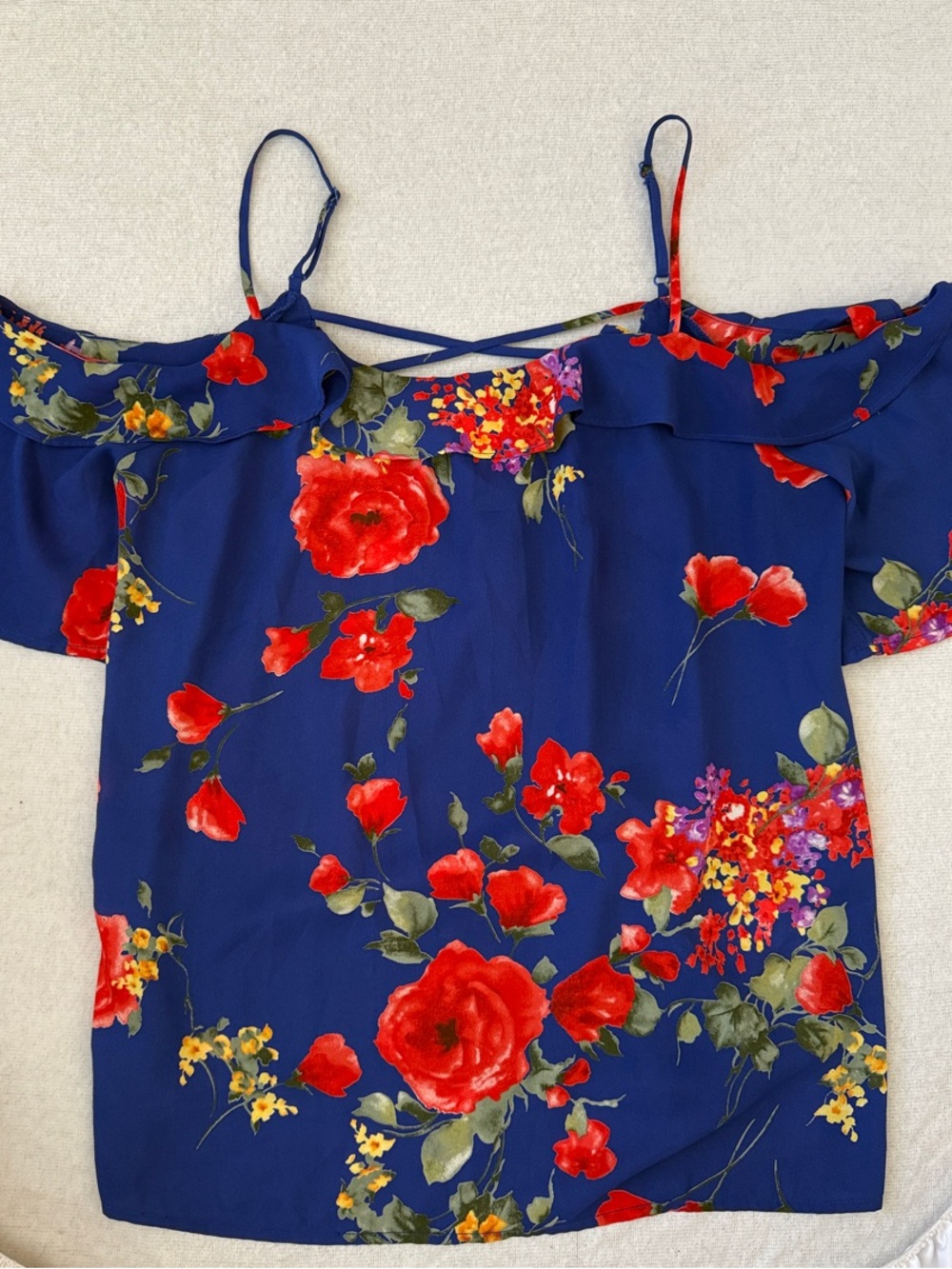 Skies Are Blue Navy Floral Off-Shoulder Cami with Red Blooms